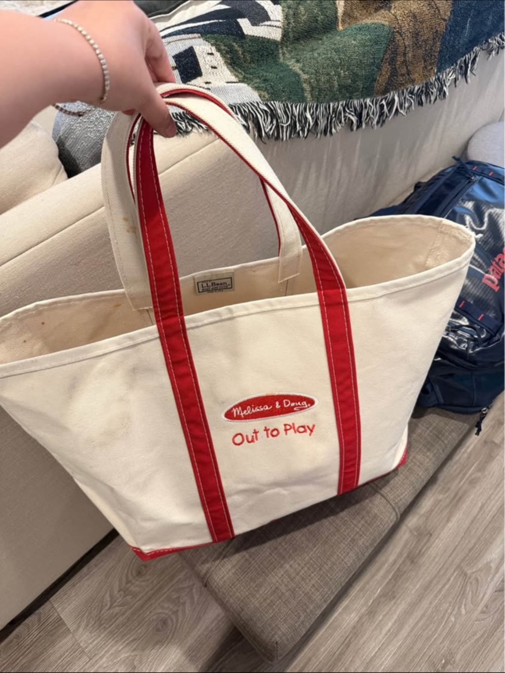 L.L. Bean Cream Canvas Tote with Red Trim and Handles